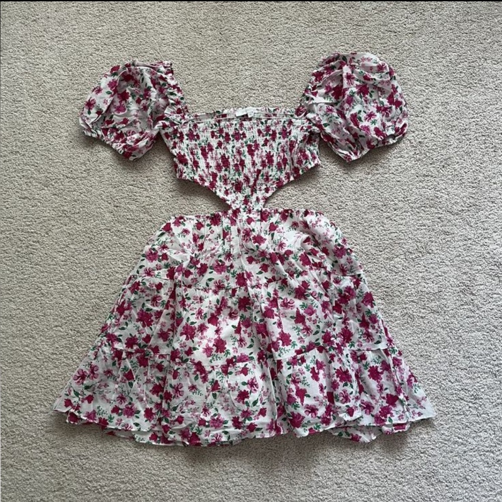 Pink floral cutout smocked dress